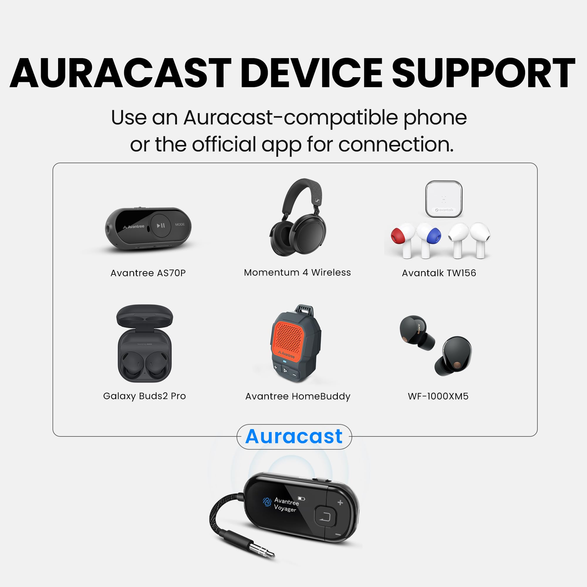 Avantree Voyager HA – Nadajnik audio Auracast i Bluetooth 5.4 do słuchawek z wyświetlaczem i regulacją głośności, układem Qualcomm, możliwością aktualizacji oprogramowania, wejściem AUX do telewizora
