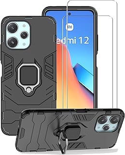 جراب حماية مزدوج الطبقات شديد التحمل مضاد للصدمات مع مسند حلقي مغناطيسي لموبايل شاومي ريدمي نوت 12 شبكة الجيل الرابع 4G شاشة زجاج من زيمون، عبوة قطعتين - لون أسود