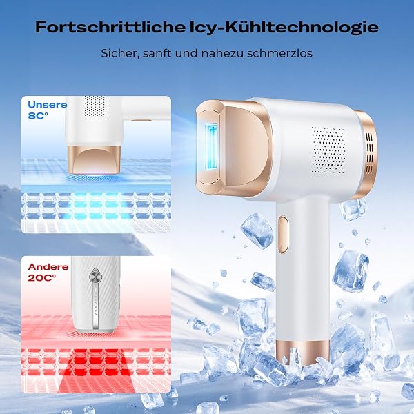 Das Beauris IPL Haarentfernungsgerät kombiniert 8°C Kühlung mit einstellbarer Intensität für eine angenehmere Behandlung.