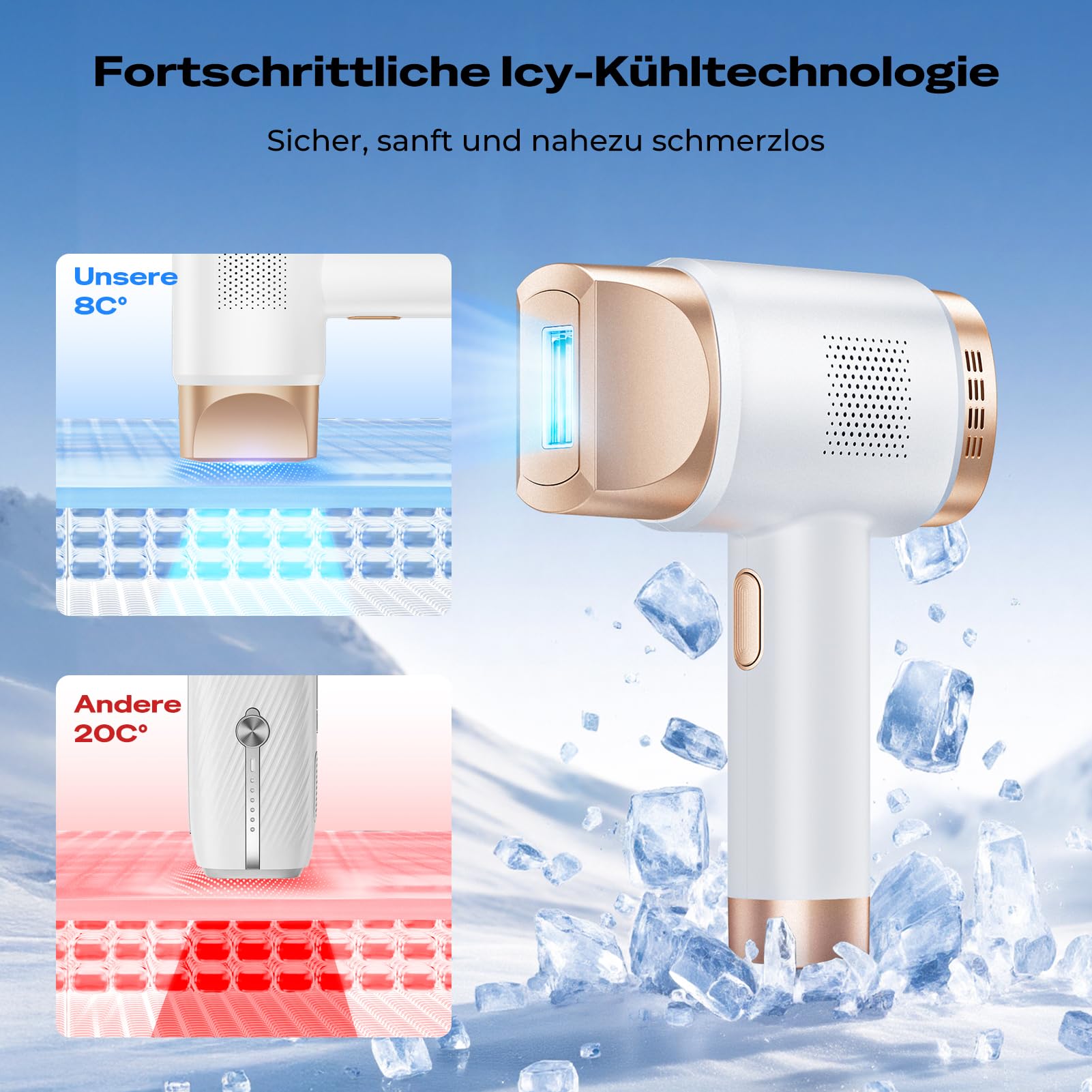 Das Beauris IPL Haarentfernungsgerät kombiniert 8°C Kühlung mit einstellbarer Intensität für eine angenehmere Behandlung.