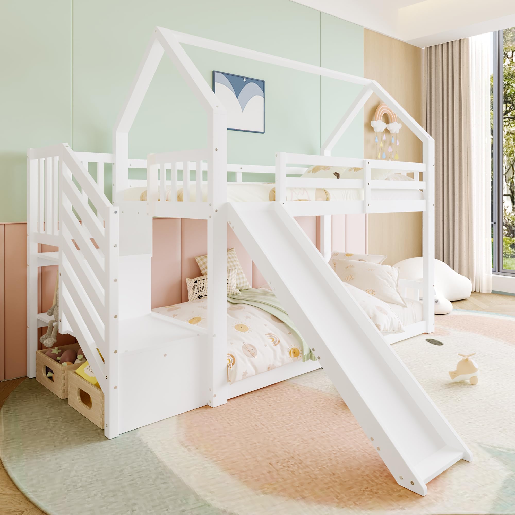 Azkoeesy Came Literas Infantil de 90 x 200 cm - Tobogán - Escaleras - Forma de Casa para niños o Adolescentes Blanco