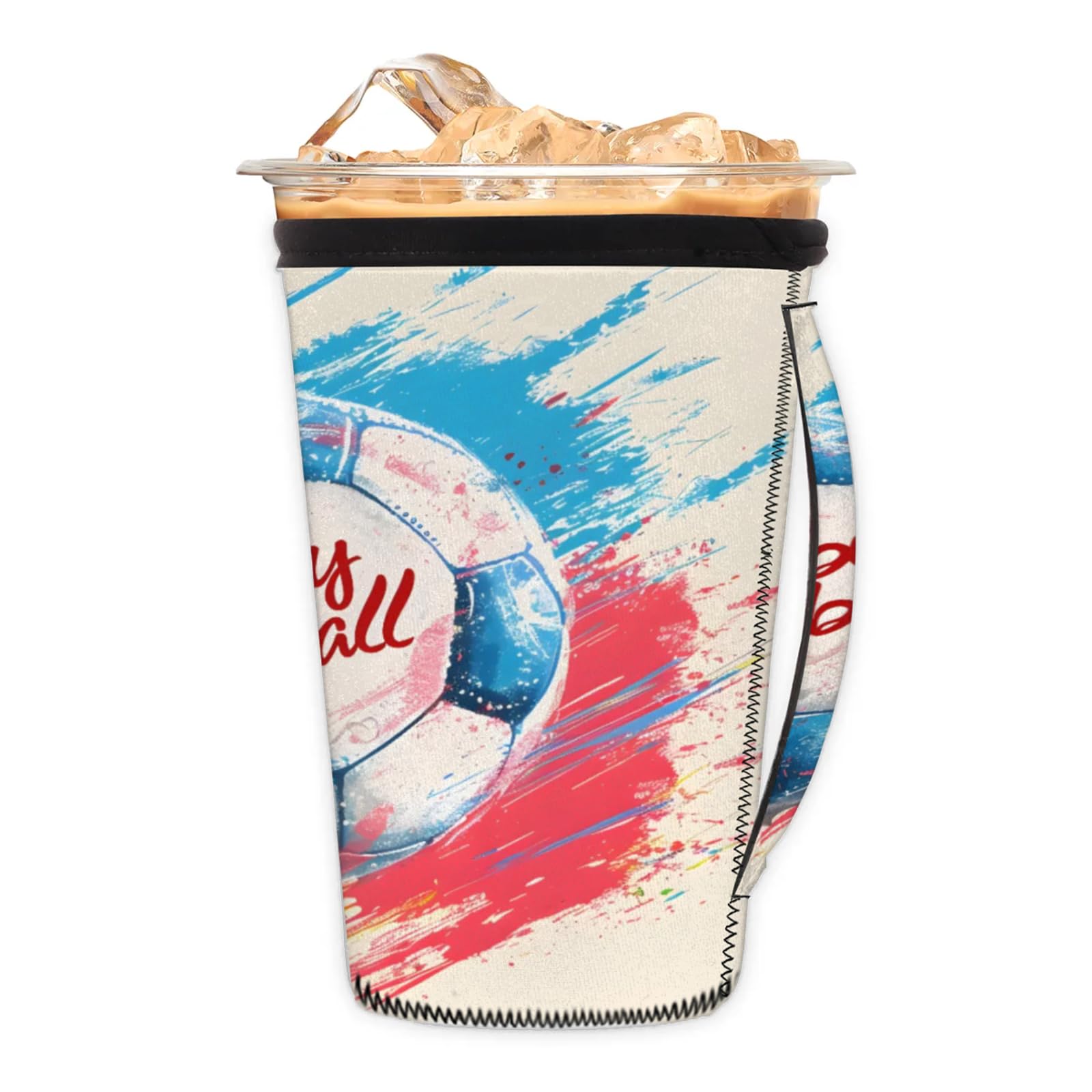 Watercolor Soccer Reusable Neoprene Coffee Sleeve with Handle Insulated Iced Coffee Cup Holder Reduces Condensation Fits 24-28 oz Cups M