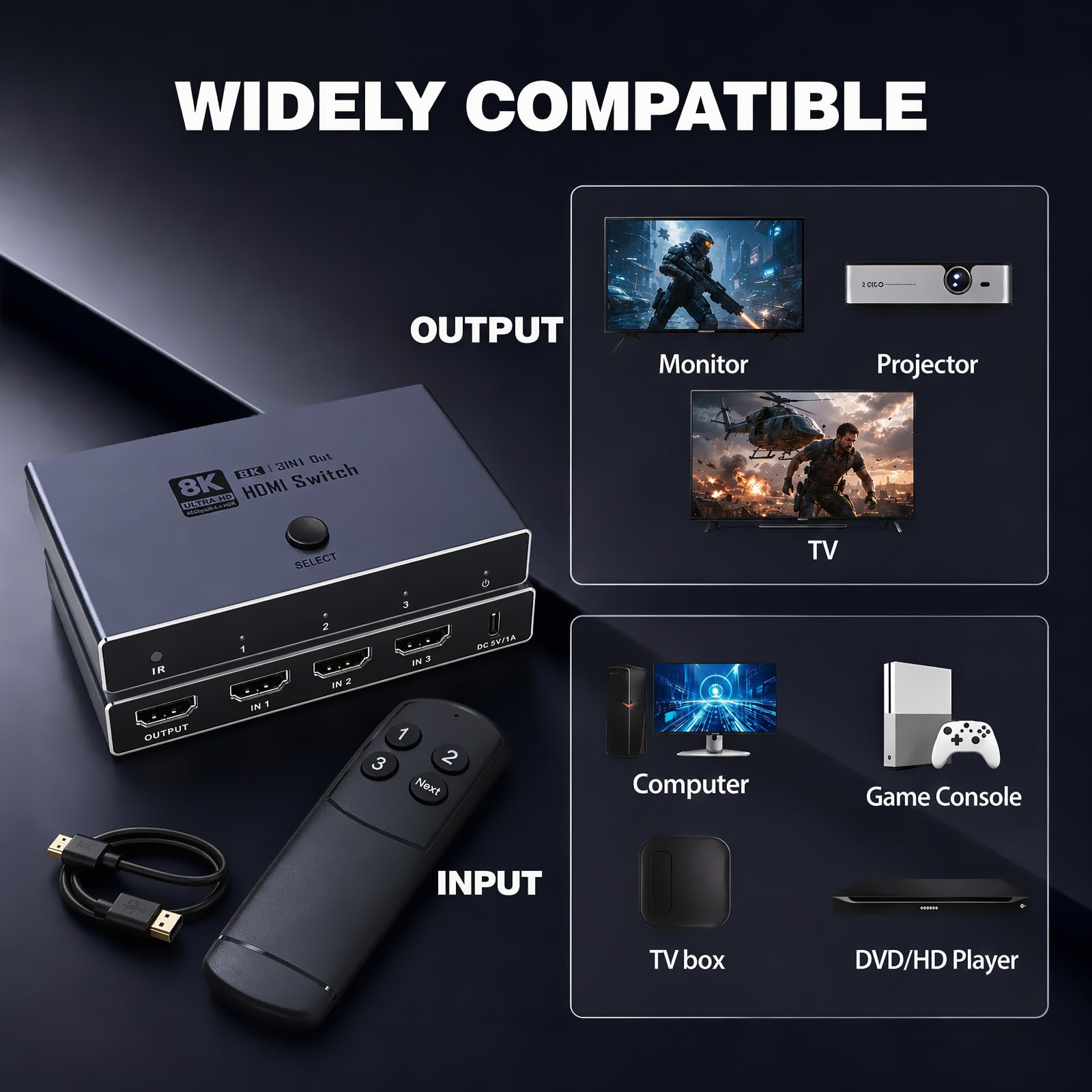 HDMI Switch 3 in 1 Out - 8K Aluminium HDMI Umschalter Verteiler mit IR-Fernbedienung unterstützt Dolby Vision 8K@60Hz 3D HDCP 2.3 Plug & Play für PC Laptop TV Beamer Projektor - Nur Spiegelmodus