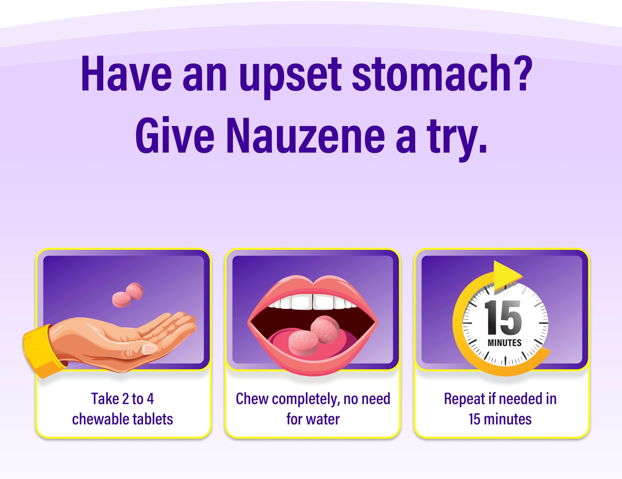 Nauzene Non-drowsy Upset Stomach & Nausea Relief Chewable Tablets - Fast-Acting Relief in 4 Minutes - Doctor Recommended - Wild Cherry Flavor, 56 ct