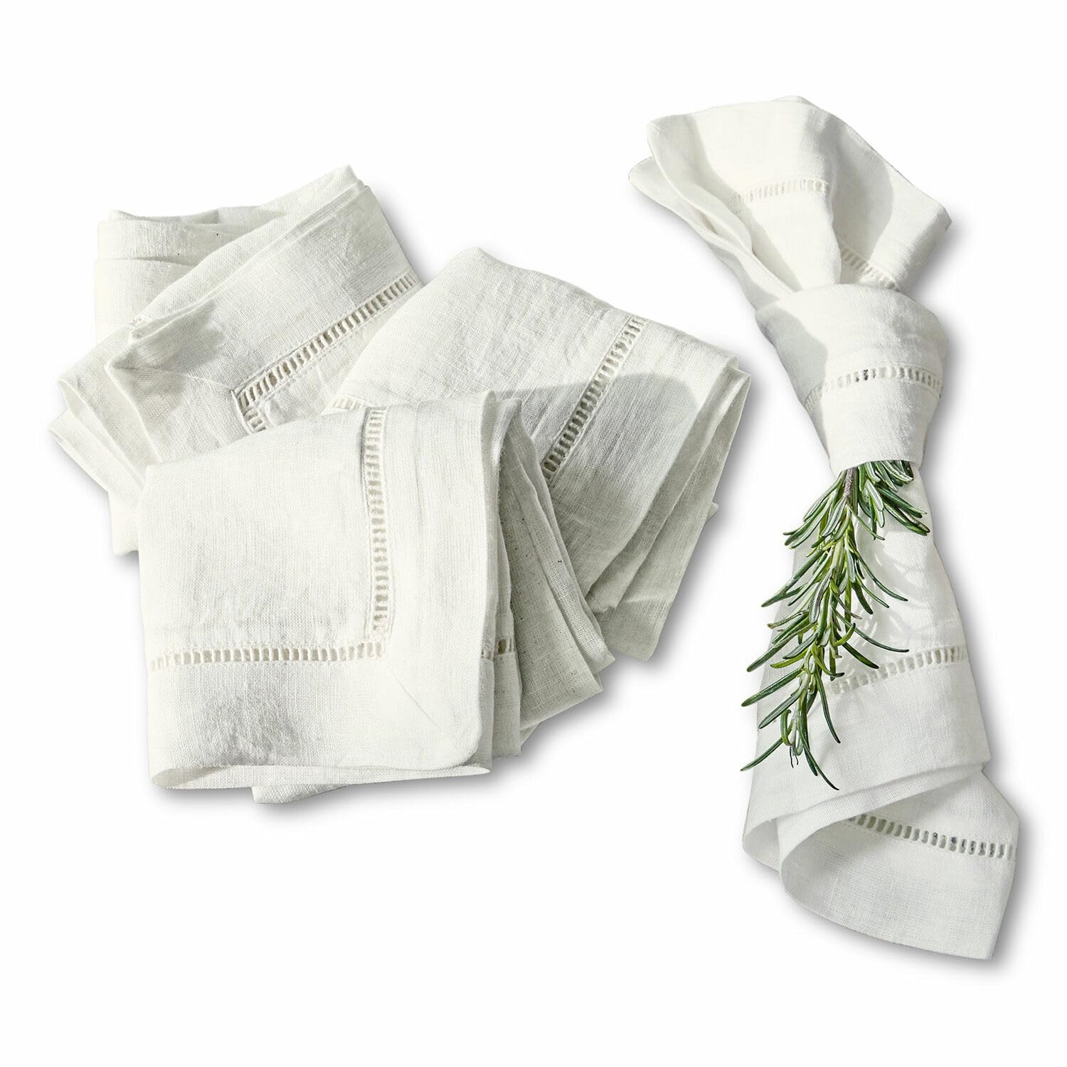 LOBERON Serviette 4er Set Covent Garden, weiß | stilvolle Hohlsaumstickerei, strapazierfähig & langlebig, wiederverwendbar, Tischdeko, Tischwäsche, Leinen