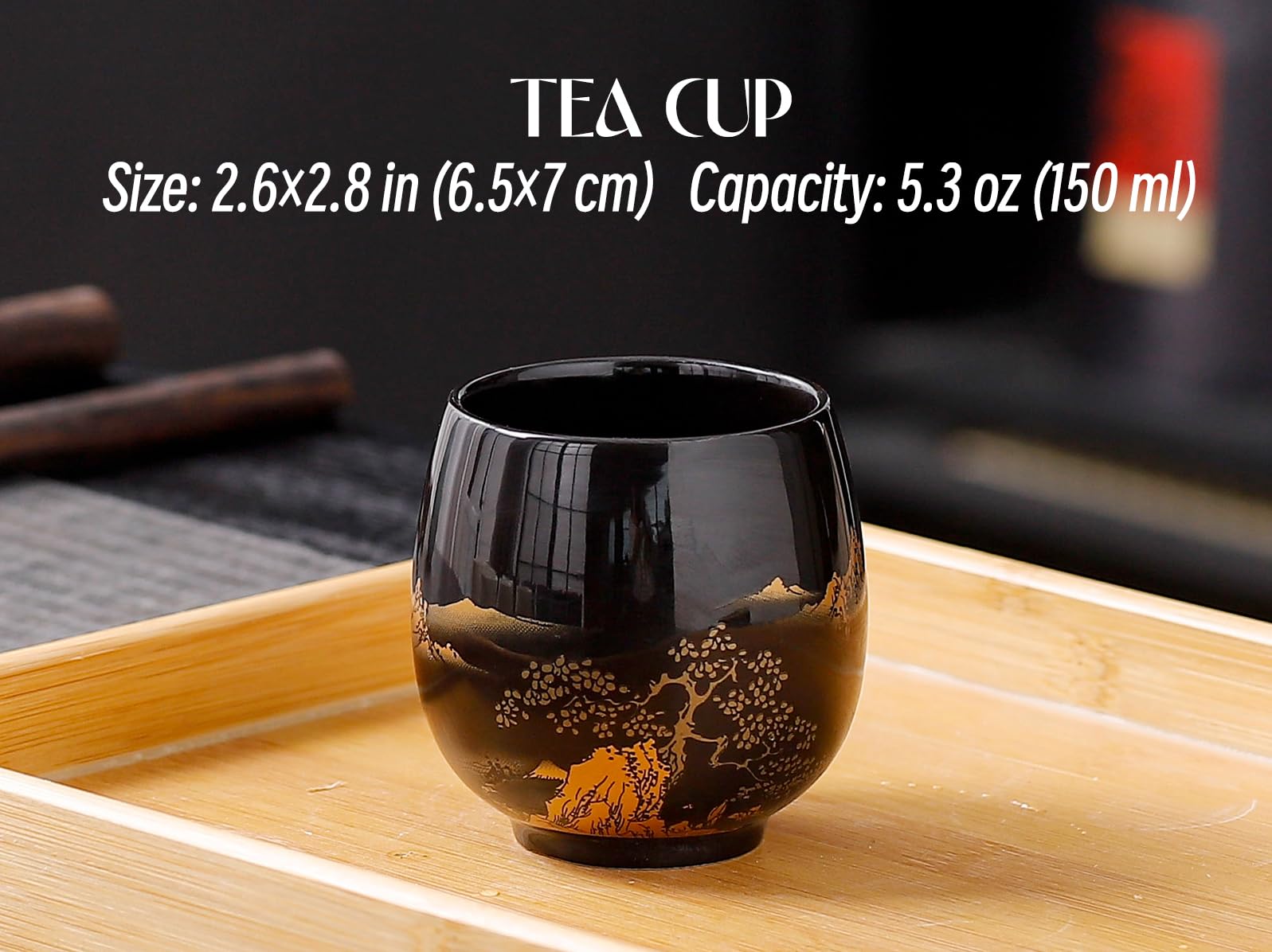 Set da tè tradizionale giapponese, set di teiera giapponese, set da tè asiatico nero smaltato con 1 teiera, 6 tazze da tè, 1 colino da tè, 1 vassoio da tè (nero paesaggistico orizzontale)