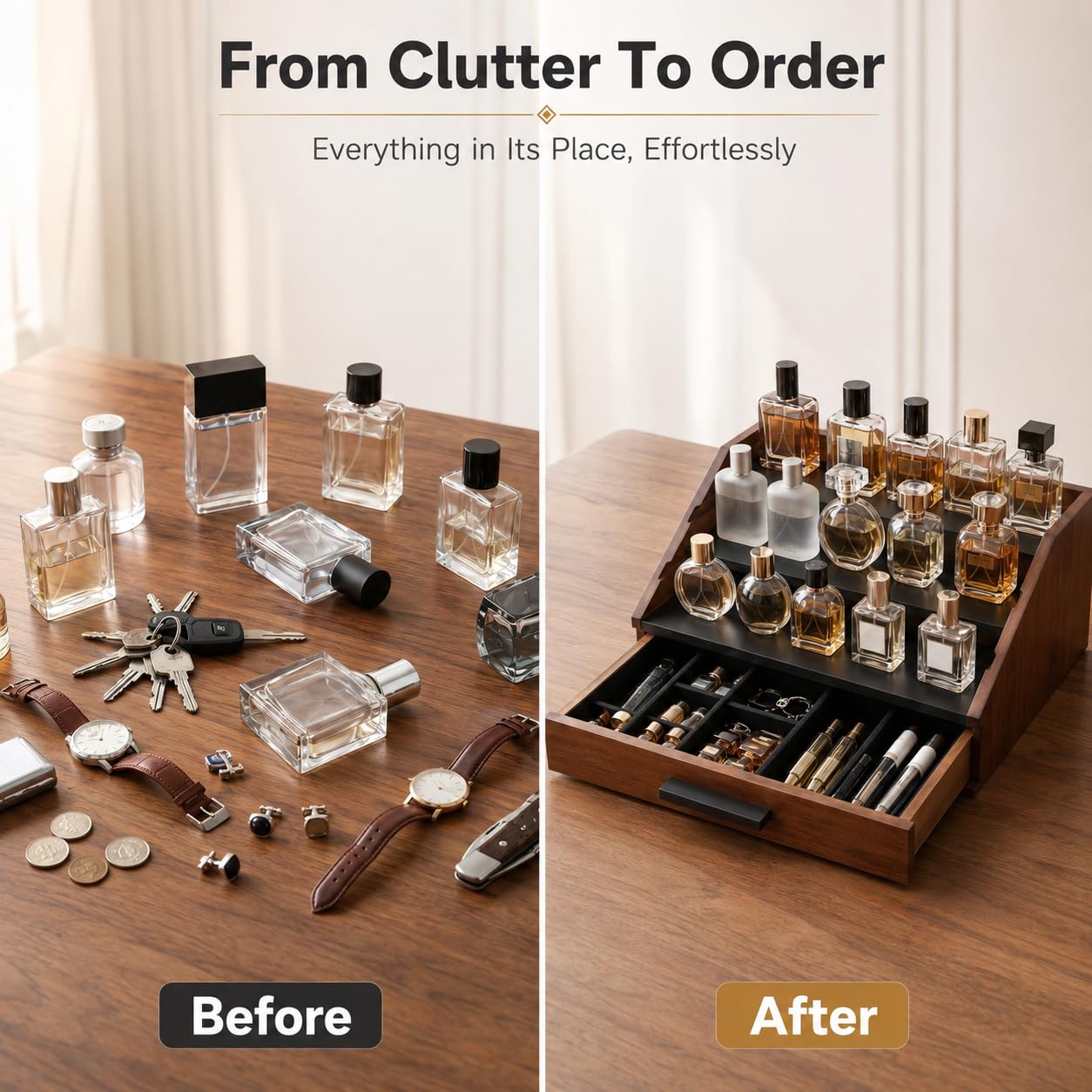 Organizzatore di profumo con cassetto, espositore profumo, legno a 3 livelli, per parrucchiere, cosmetici, orologi, gioielli, rossetto, bagno, camera da letto, donna e uomo