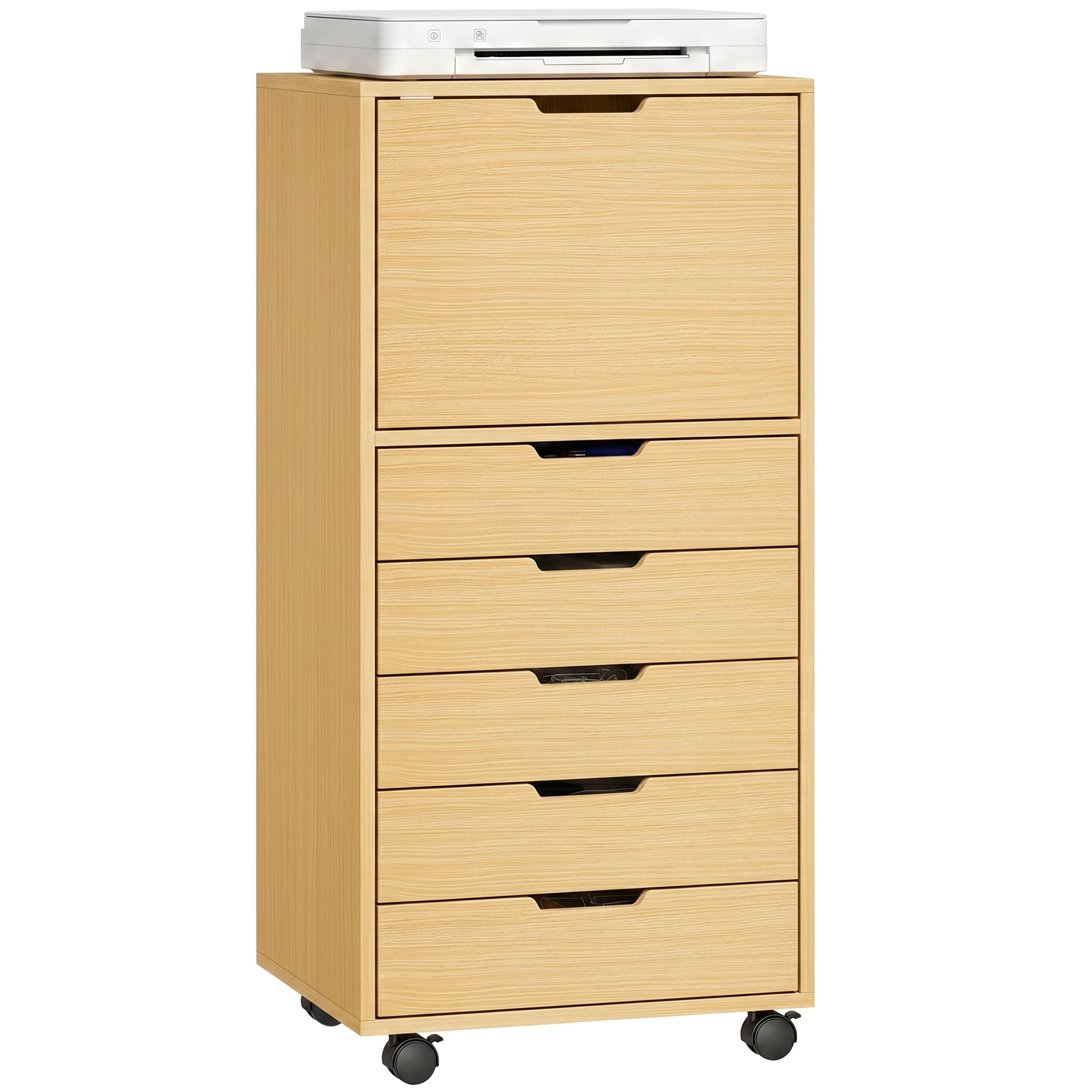 HOMCOM Schreibtisch mit 5 Schubladen auf Rollen und Schrank Natur | Büro-Schubladeneinheit, Soft-Close, Druckerständer, Aktenschrank, für Home-Office