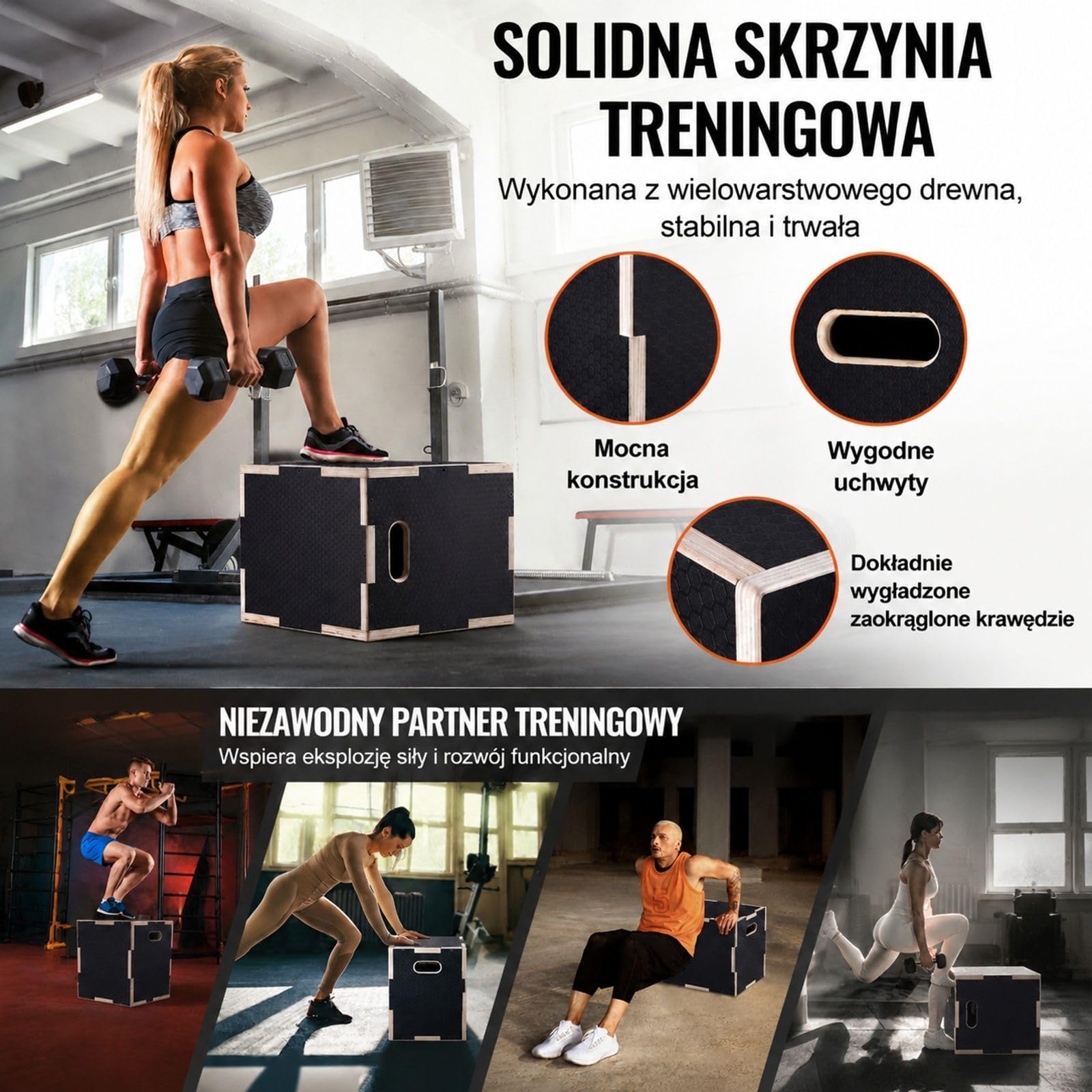 Skrzynia plyometryczna 3 w 1 czarna z wielowarstwowej sklejki do ćwiczeń fitness w domu
