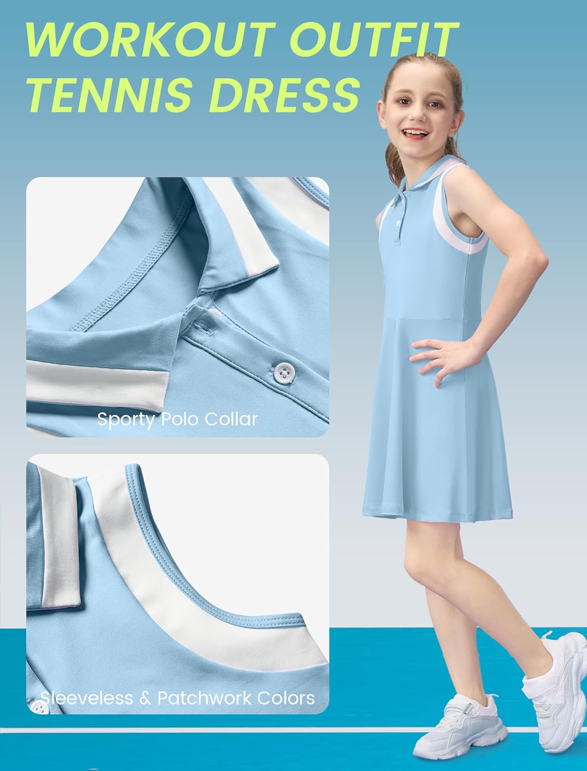Gogokids Girls Tennis Dress Sleeveless Quick-Dry Kids Golf and Athletic Workout Outfit with Polo Collar for 6-14Y - Image 4