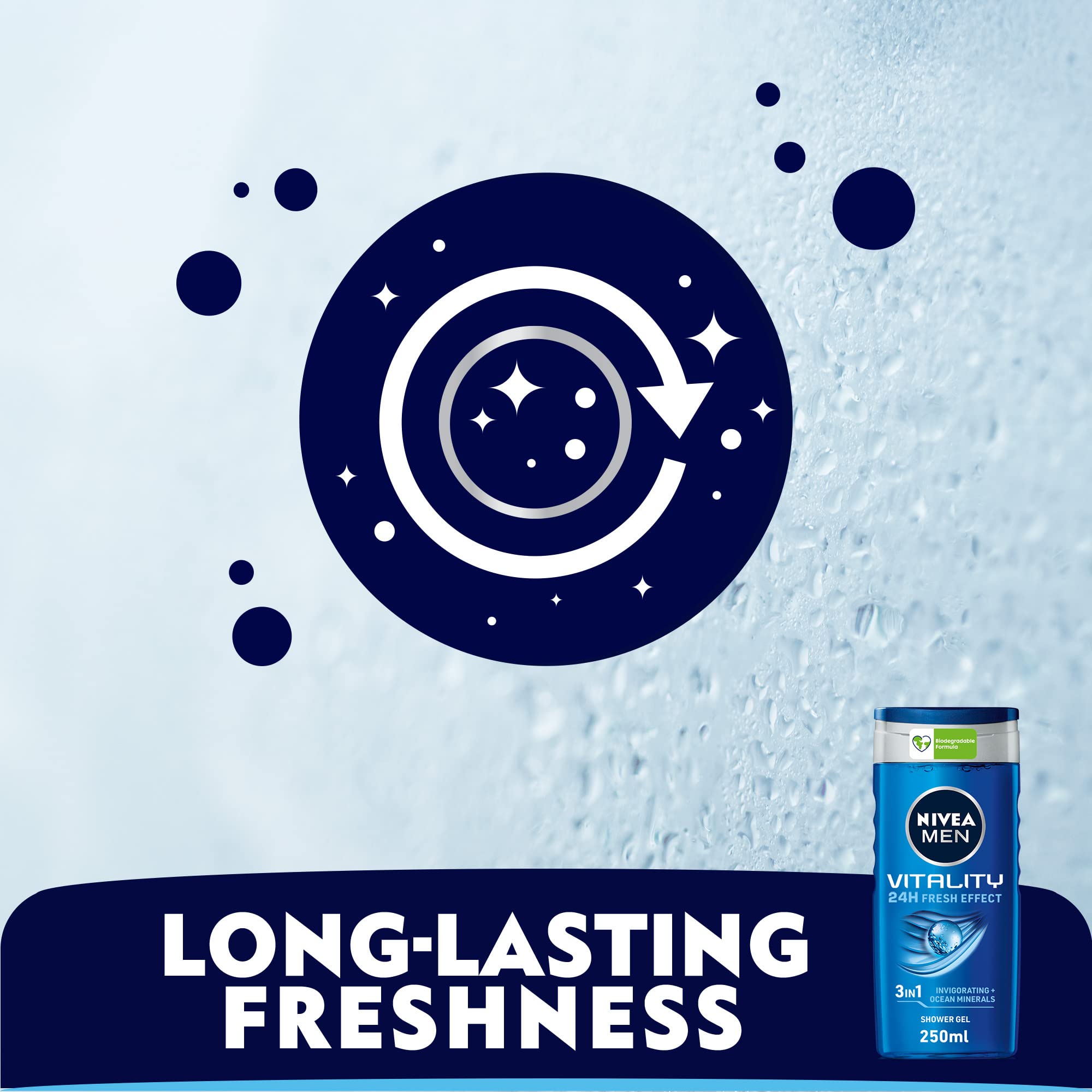 NIVEA MEN Vitality Fresh Shower Gel 250ml – Revitalising Body Wash & Shampoo for Men with an Uplifting Fresh Scent, Rich Lather Cleans Body and Hair for a Fresh, Revived Feel Every Day