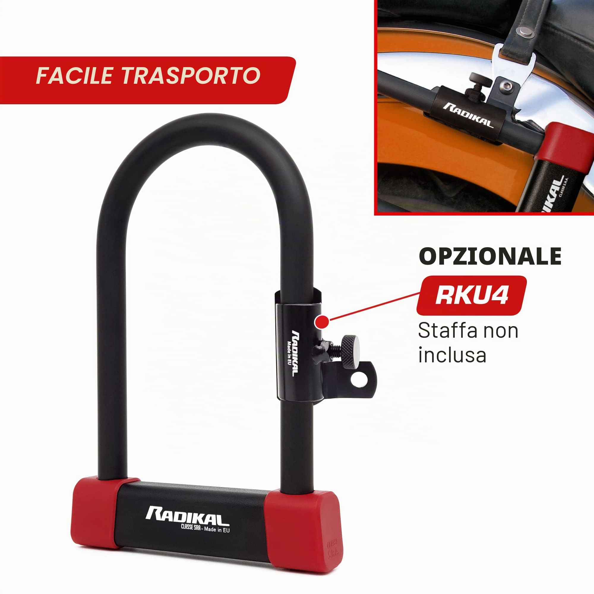 RADIKAL RK120220 Lucchetto a U Premium Omologato SRA, 120x220mm, Bloccaggio su Entrambi i Dischi Freno, Arco ø18mm Acciaio Cementato Rivestito a Doppio Chiusura, Serratura Antifurto U Lock Moto
