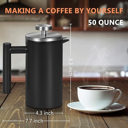 Miniatura 5 de WORBIC Cafetera de prensa francesa, prensa francesa de 50 onzas, doble pared aislada de acero inoxidable 304, prensa de café de gran capacidad con