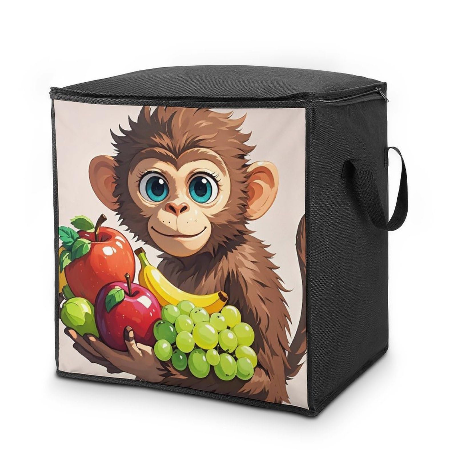 Monkey Holding Fruit Storage Bag with Zippers And Handle Extra Large Bedding Comforter Storage Bag Foldable Blanket Storage Bags Fabric Moving Bags for Closet Organizer (70L)