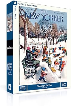 New York Puzzle Company - New Yorker Sledding in the Park - 500 Piece Jigsaw Puzzle for Family Game Nights by Arthur Getz