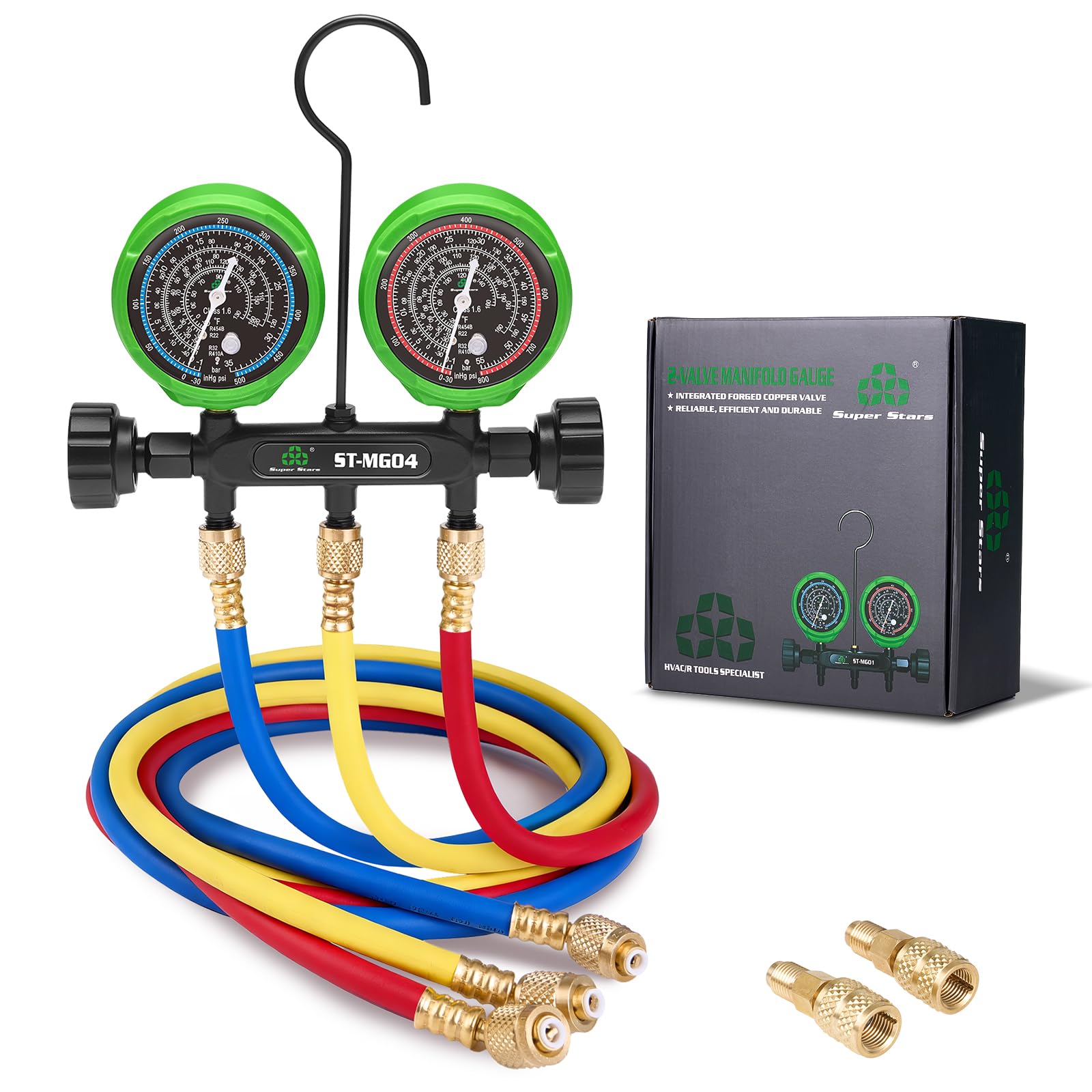 Super Stars A2L Manifold Gauge Set, (psi °F) R32/454B/410A/R22, 3-1/8" Gauges with 60 inches Hoses