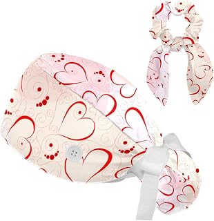 FVQL 2 Pieces Surgical Cap for Long Hair Scrub Cap with Hairband Nurse Cap, Happy Valentines Day Heart Love