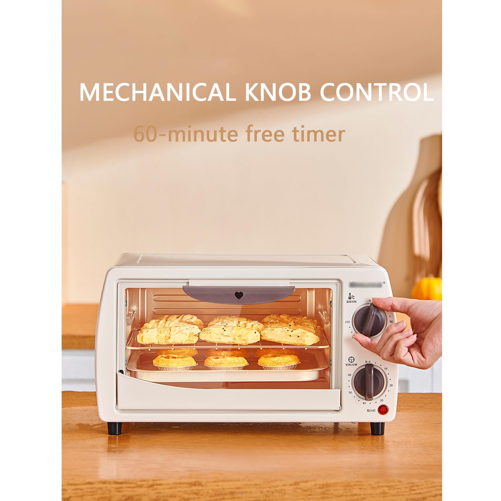 Mini Horno 12L,Ventana Visual,Pomo de Ajuste,Incluye Temporizador,Ajuste de Temperatura,Incluye Bandeja Para Hornear y Rejilla de Alambre,Con Manoplas Especiales