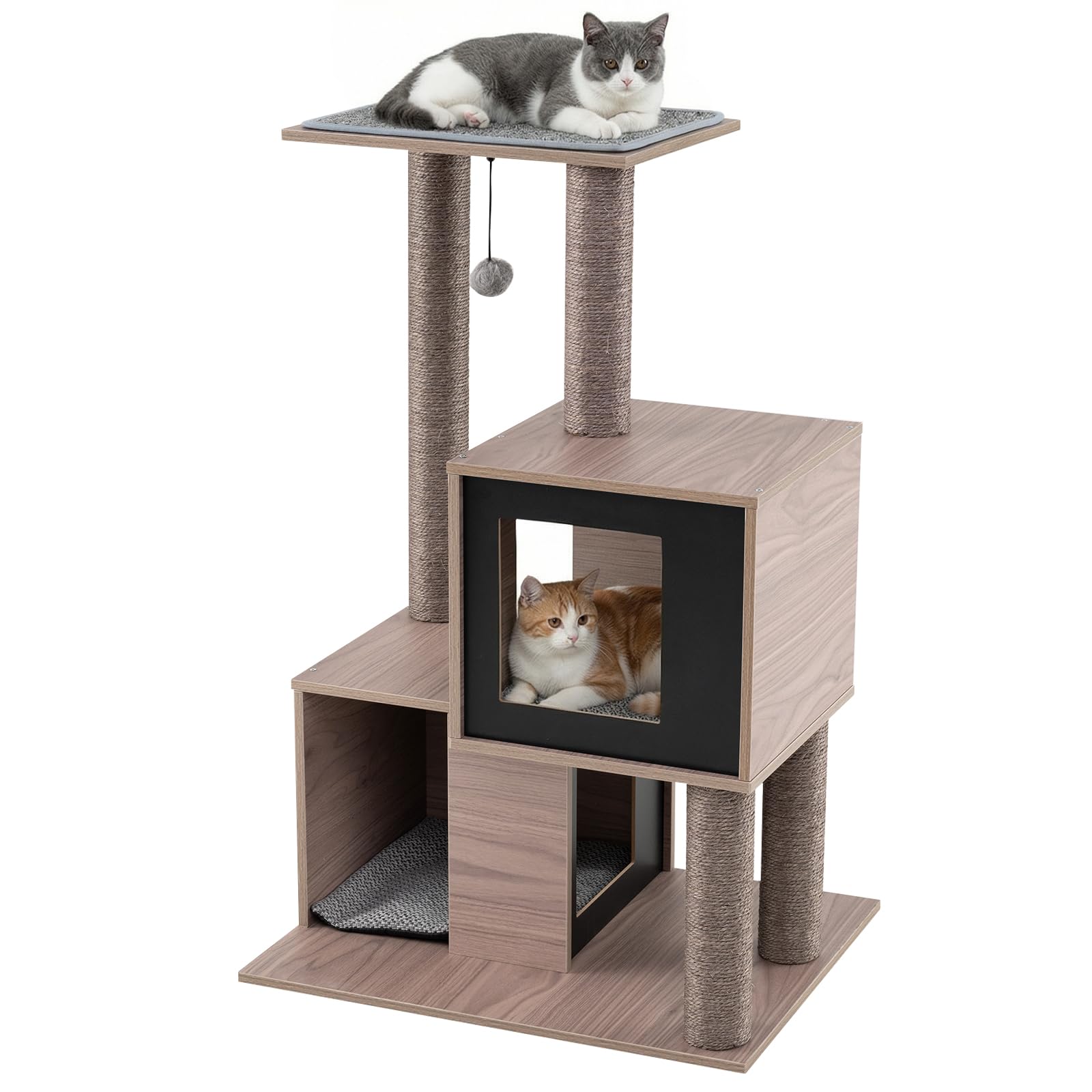 COSTWAY Mueble Rascador para Gatos, 93 cm Torre de Gatitos de Madera Multinivel con Poste Rascador de Sisal, Condominios, Percha, Cojines y Alfombrilla Extraíbles, Árbol Rascador para Gatos