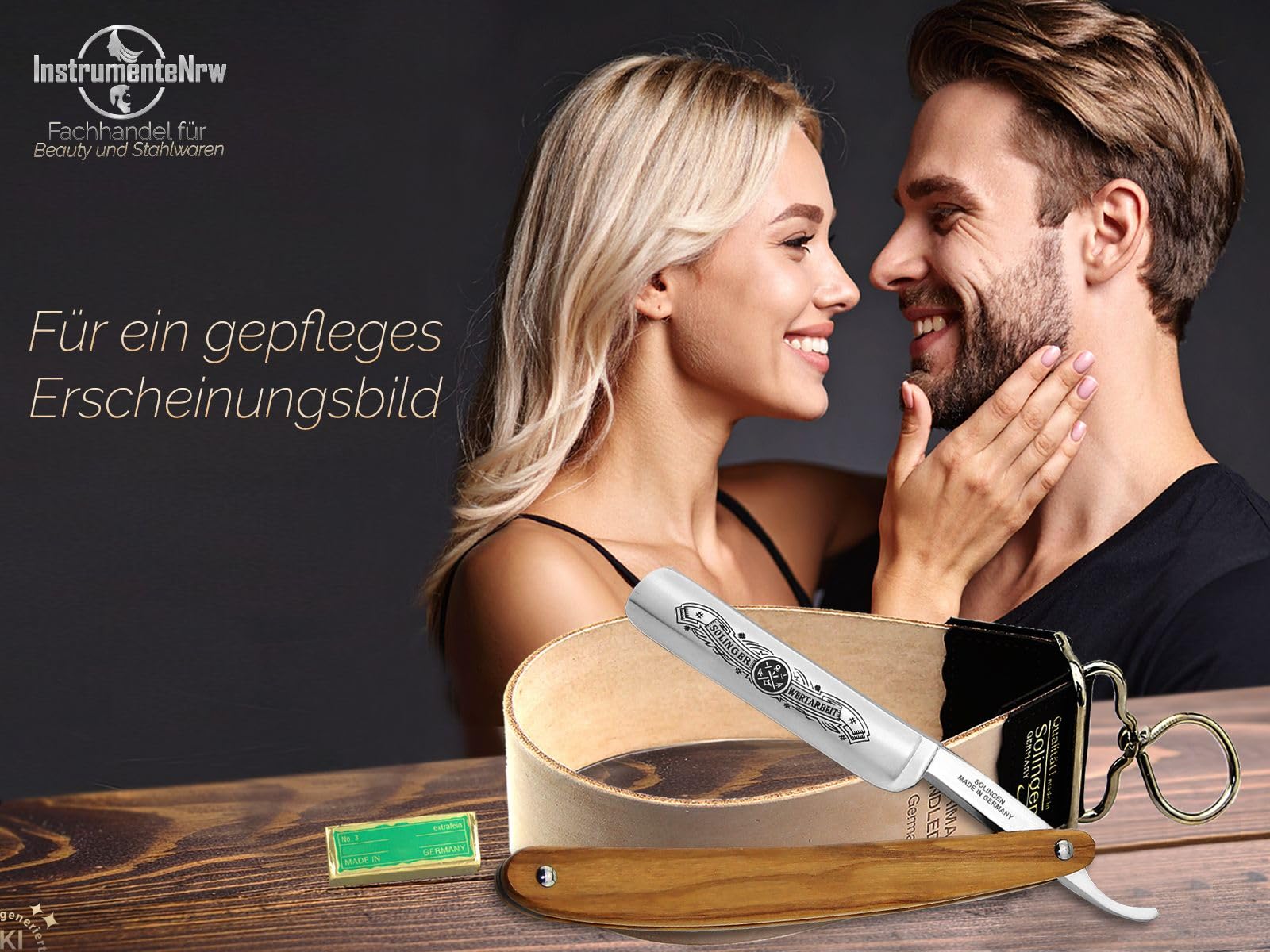 Solingen Rasiermesser-Set Solinger Bartmesser Streichriemen und Paste | Traditionelles Nassrasur Rasiermesser mit Olivenholzheft / Solinger Streichriemen und schärf Paste aus Made in Germany