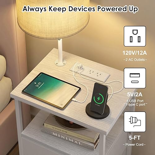 Miniatura 4 de Fixwal Mesita de noche con luz de lectura de temperatura de 3 colores, mesita de noche con luz LED y estación de carga mesa auxiliar con cajón de