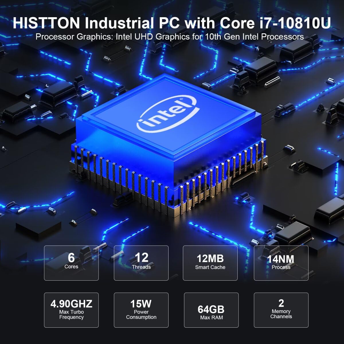HISTTON Lüfterloser PC Industrie Mini PC Core i7-10810U, 16GB RAM 512GB M.2 SSD, Fanless Mini Computer 2 RS232/485 COM, Dual HD+DP 4K Triple Display, 2LAN, 6USB, GPIO, WiFi, BT4.2, Win11/Linux/Ubuntu