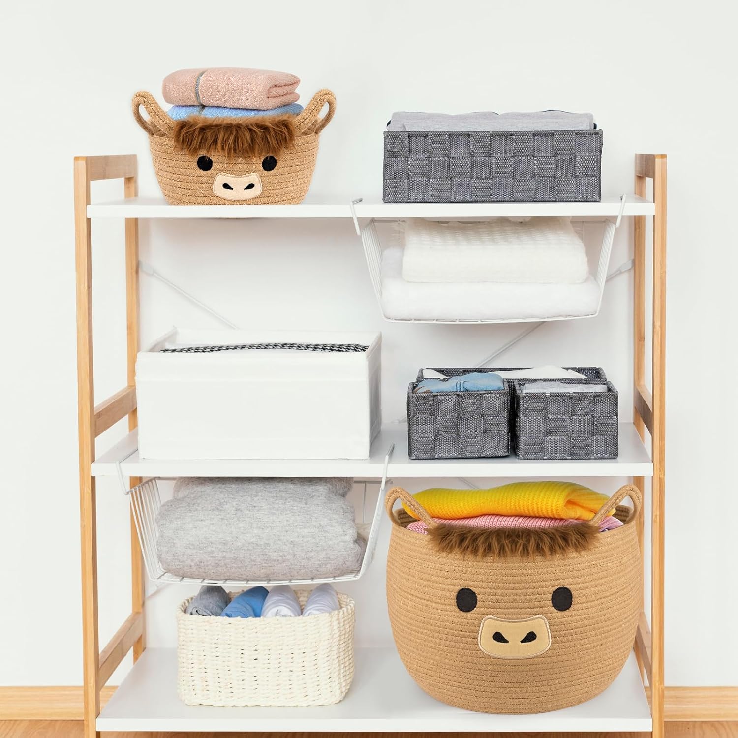 Highland Cute Cow Basket Set for Nursery, Woven Storage Cotton Rope Basket, Baby Blanket 0rganizer with Ears Handles, Blanket Towel Decor Toy Clothes Gifts Storage Cat Dog Bin, Pack of 2