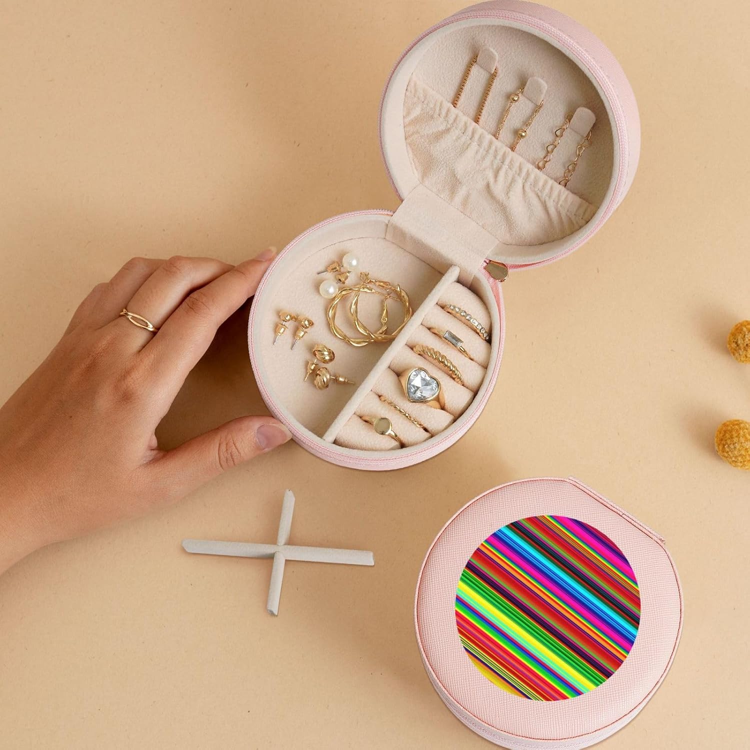 Colorful Mexican Stripes Jewelry Case Small Jewelry Box Gift for Women Leather Travel Jewelry Organizer Round Storage Purse with Zipper Display Storage Box for Rings Earrings Necklaces image 5