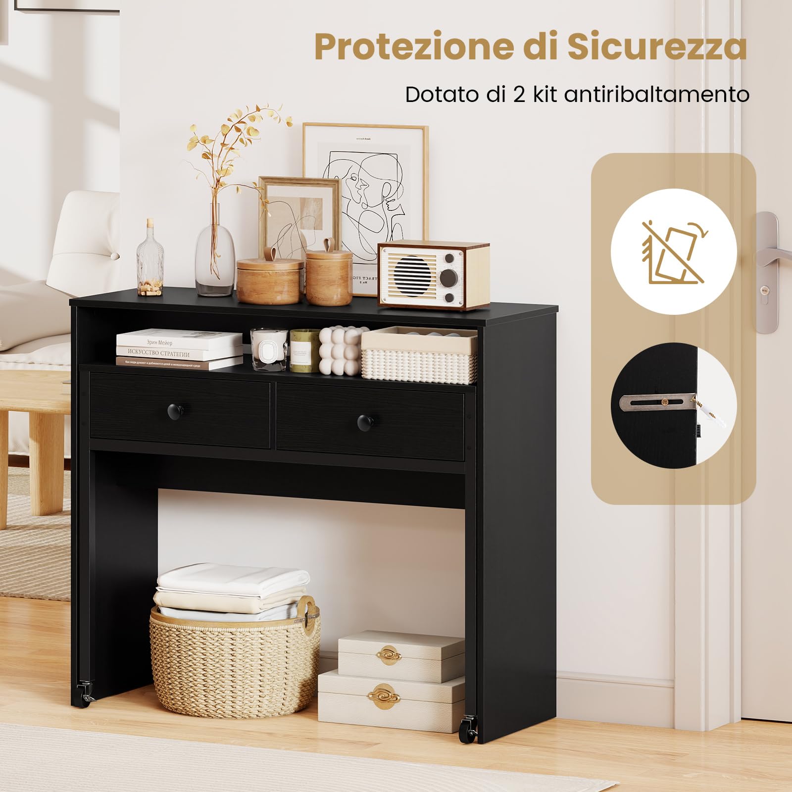 COSTWAY Scrivania per Computer, Tavolo Salvaspazio Retrattile con Cassetti e Ruote Universali Bloccabili, 100 x 63 x 88 cm, Desk Gaming per Ufficio, Soggiorno e Camera da Letto (Nero)