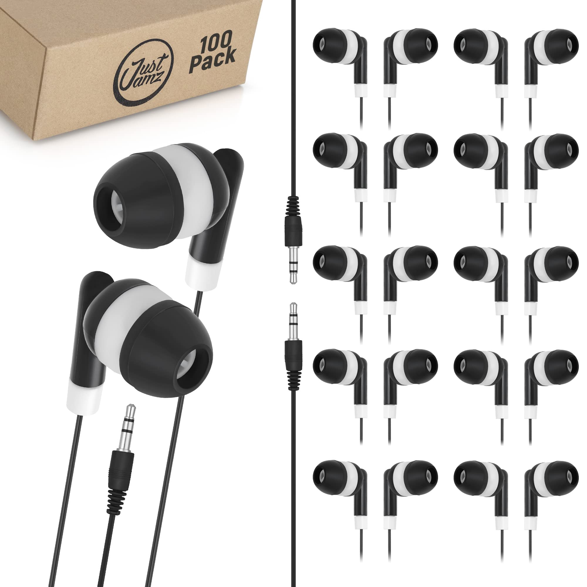 JustJamz Kopfhörer mit Kabel | 100 Stück Dot | Schwarze In-Ear Ohrhörer | Einweg-Kopfhörer | 3,5 mm Stereo Kabelkopfhörer mit Audiobuchse für Schulen, Kinder, Klassenzimmer und Bibliotheken