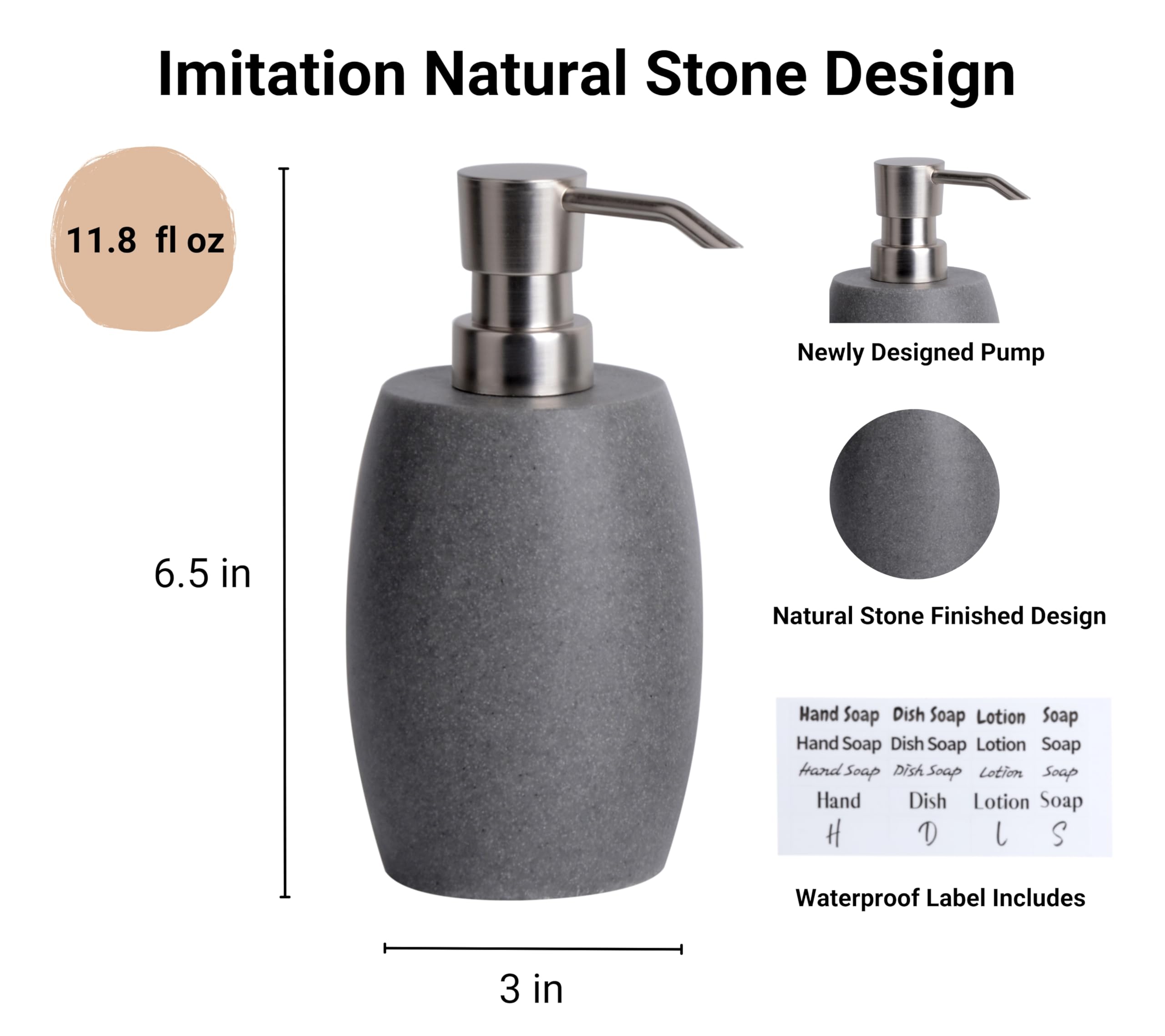 Dispensador de jabón de resina texturizada de piedra arenisca con bomba metálica y etiquetas de botellas impermeables para baño, cocina, lavar a mano, loción de ducha, champú, 12 onzas, 2