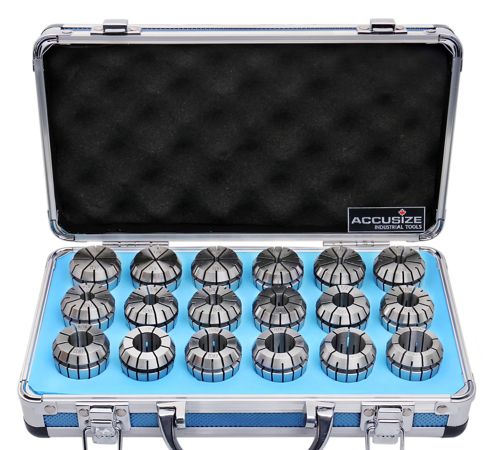 Accusize Industrial Tools - Precision ER32 Collet Set, 18 Pcs, Sizes 3/32'' to 25/32'', High Accuracy, Durable Storage Box, 0223-0880