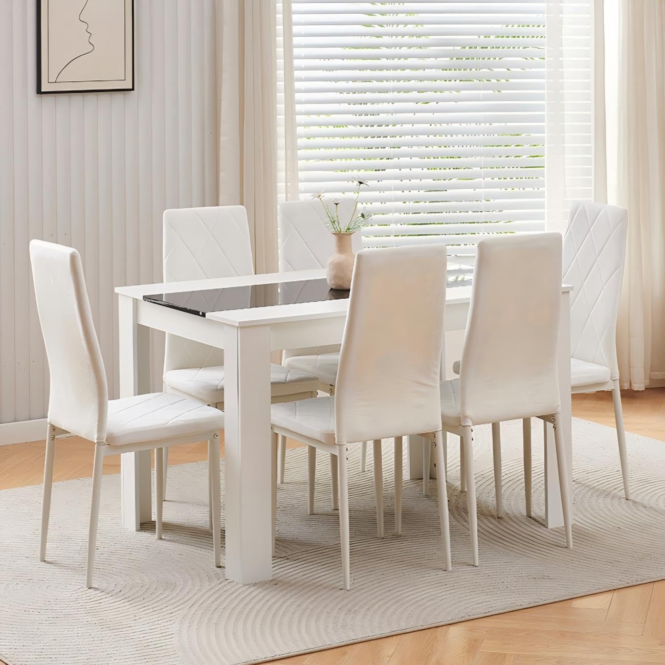 Homullel 120 cm Dining Table and 6 Chairs, 6 Seater Table and Chairs Set, Kitchen Dining Room Set for 6, Compact, Space Saving (Flannel White #2, 120cm, 6 Seats)