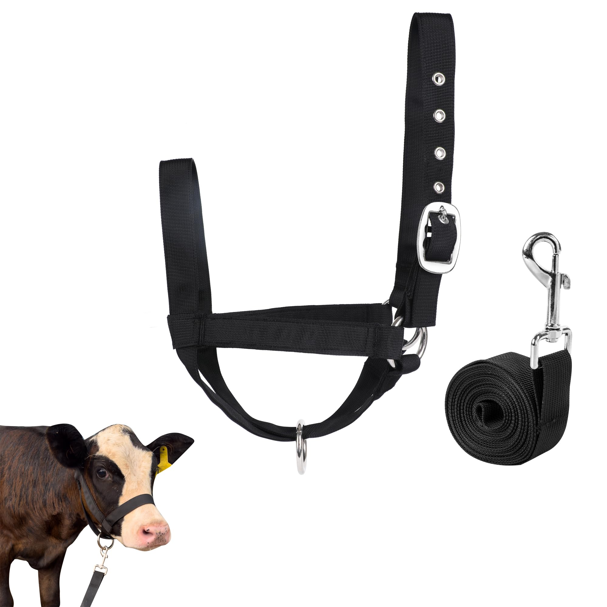Photo 1 of Cow Halter Cattle Halters Calf Halter with Leading Rope?Adjustable Nylon Livestock Cattle Halter?for Miniature Horse Donkey Goat Foal (Black, Large)