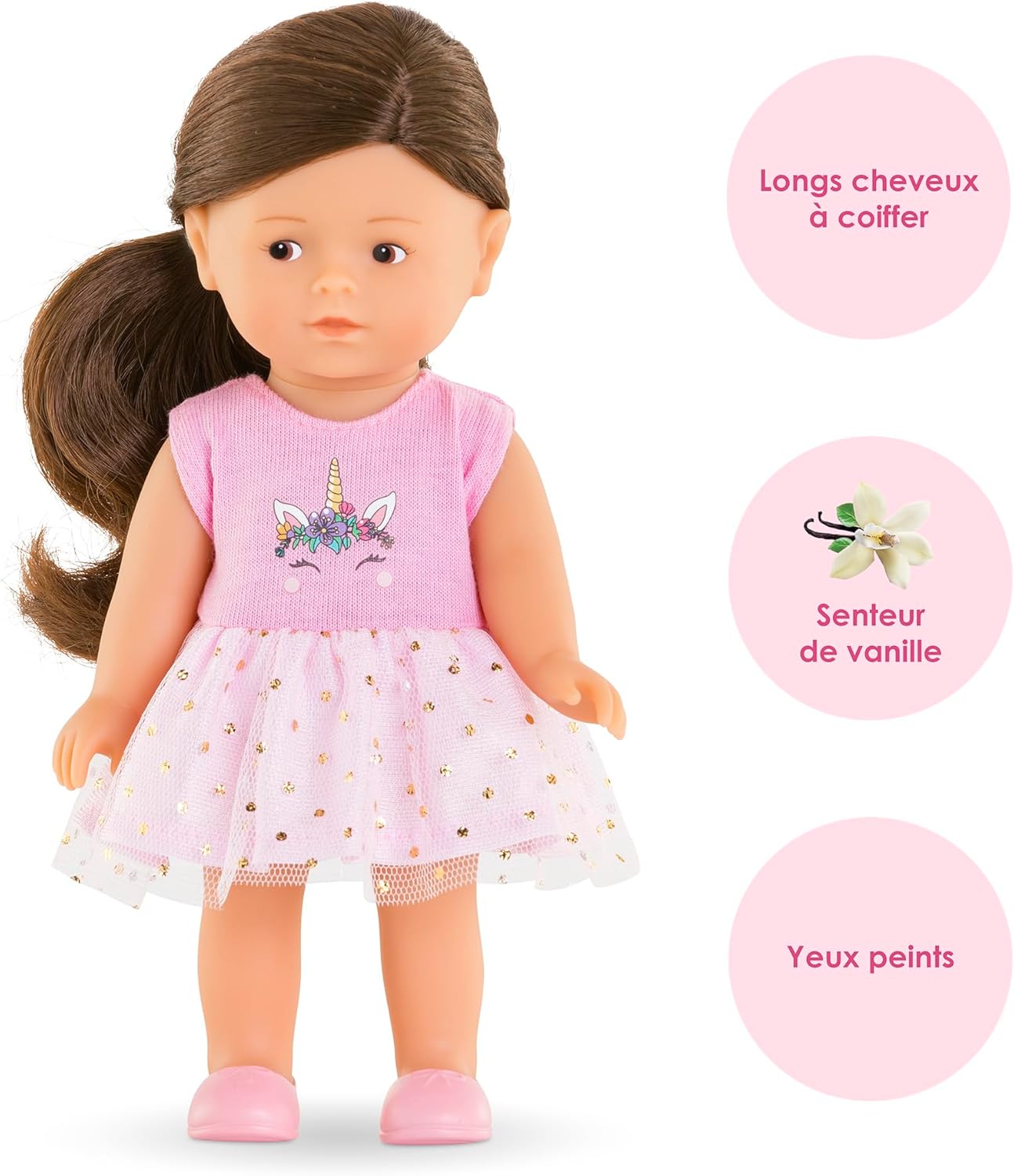 Corolle Mini Corolline Romy Unicorn Gift Set Includes 8" Doll and 3 Accessories - Shirt, Shorts and Headband with Hair Extensions, for Ages 3 Years and up