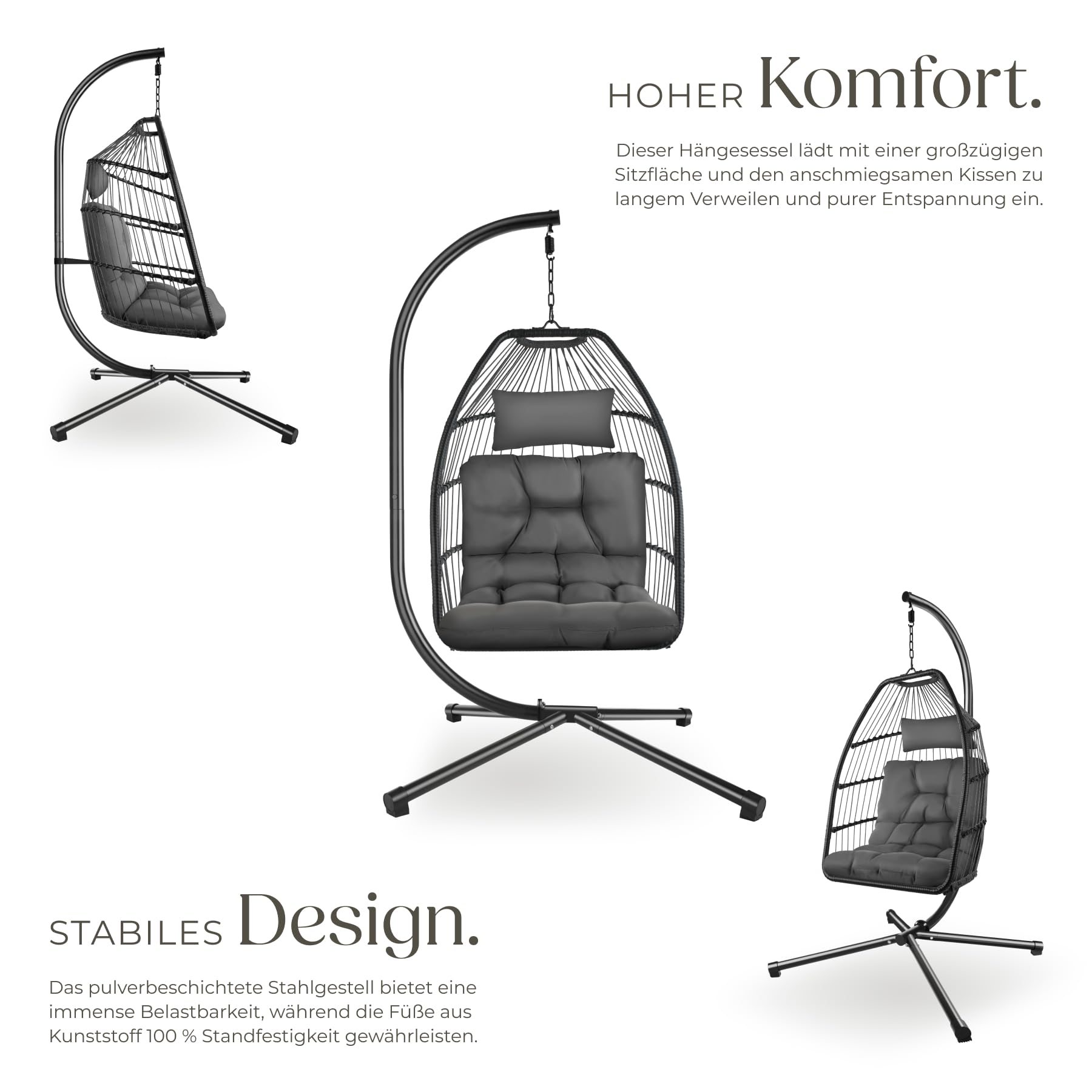 tectake® Hängesessel mit Gestell, Dicke Kissen, Möbel, Deko für Wohnzimmer, Jugendzimmer, Balkon, Outdoor oder Indoor Schaukel Sessel, Kinder & Erwachsene, belastbar bis 160kg - dunkelgrau - 3