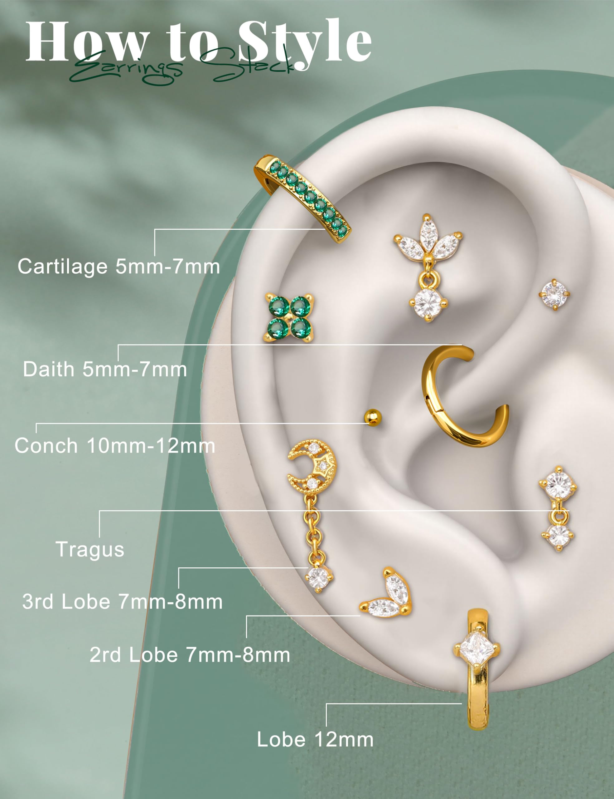Helix Piercing Jewellery Pendientes de Acero quirúrgico Hipoalergénico Pendiente de Espalda Plana Stud Pendientes de aro Set Conch Piercings Plata Oro Cartílago Daith Tragus Piercing Joyería Única PC