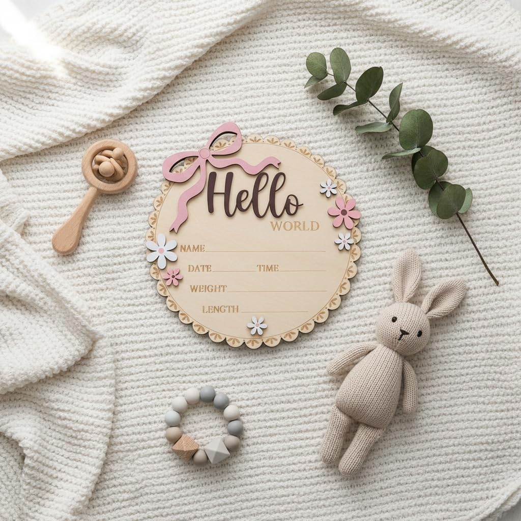 Hello World Wooden Baby Birth Announcement Sign, Pink Floral Newborn Name Date Time Weight Length Board, Baby Girl Nursery Decor Photo Prop Keepsake (Light Pink + Mouve)