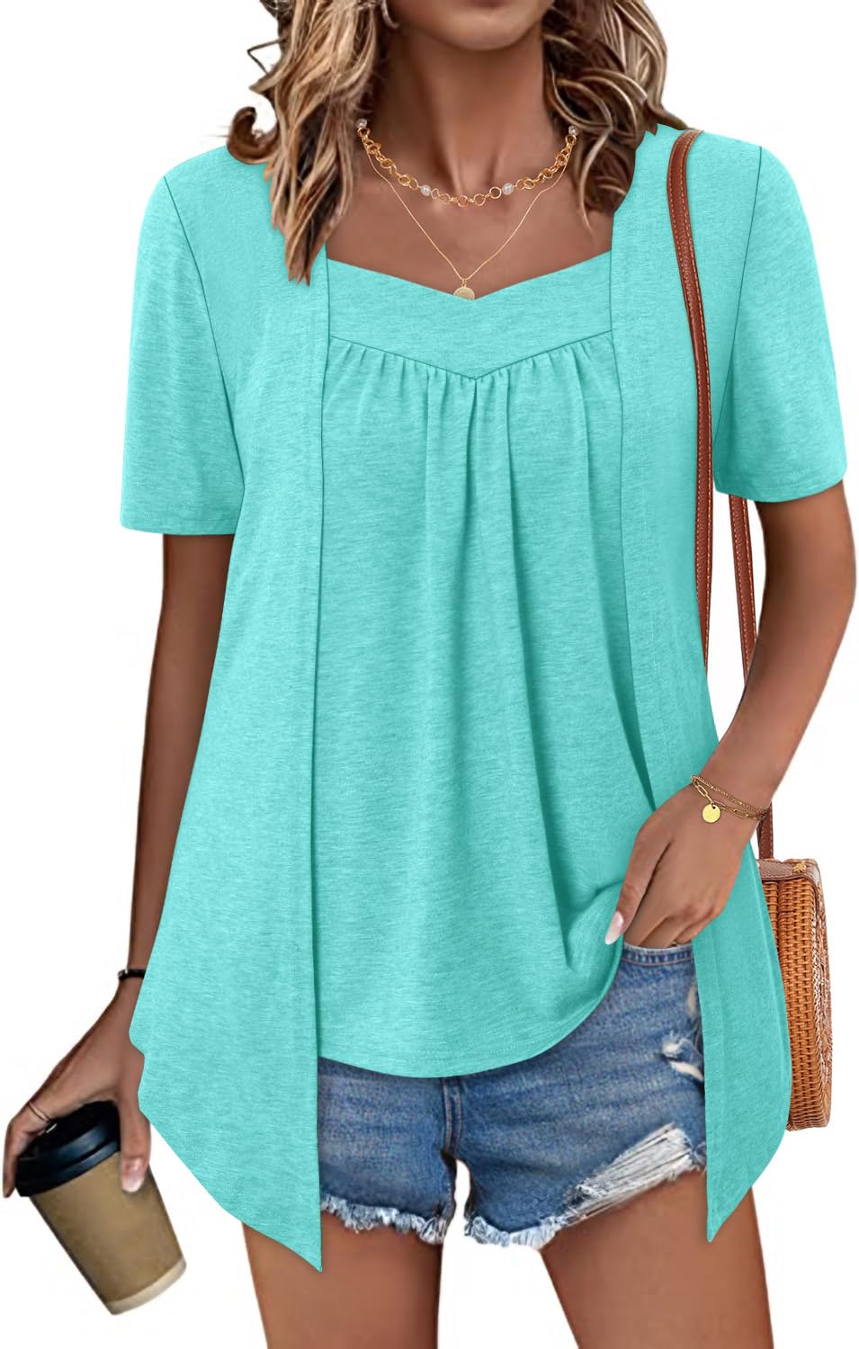 ONLYSHE Womens Shirts Cute Summer Lightweight Tunic Flowy Tops Short Sleeve Blouse Dressy Casual