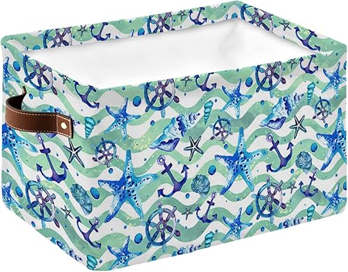 Cesta de almacenamiento con temática oceánica para estantes, ancla náutica azul y rayas verdes, cubos de almacenamiento de tela, organizadores de