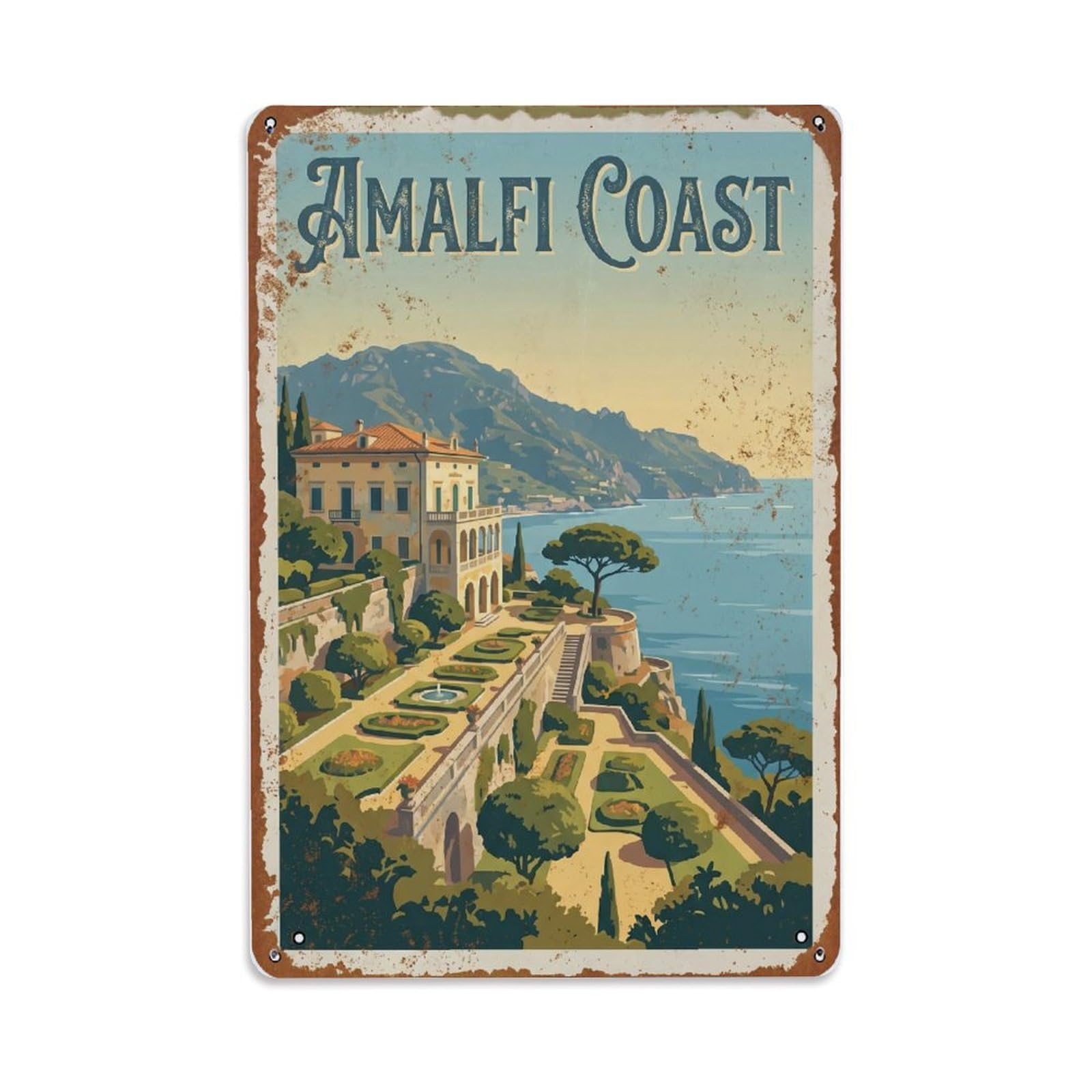 Vintage Travel Manor Italy Coastal Metal Tin Sign Plaque Wall Decor for Cafe, Club Bar, Office, Home Garden Metal Poster 8x12Inch
