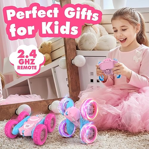 Miniatura 7 de NQD Coche de control remoto para niñas, autos RC rosados de doble cara 360 con luces intermitentes de rueda 2 baterías, 2.4 GHz recargable RC Stunt