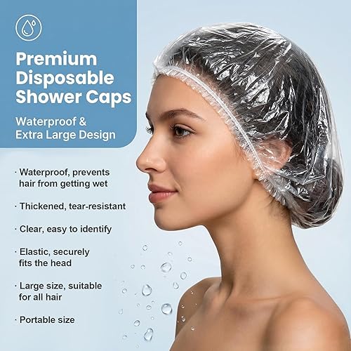 Miniatura 4 de MAQIHAN 100 gorros de ducha desechables grandes – Gorros de plástico grueso para acondicionamiento profundo, gorro de ducha reutilizable impermeable
