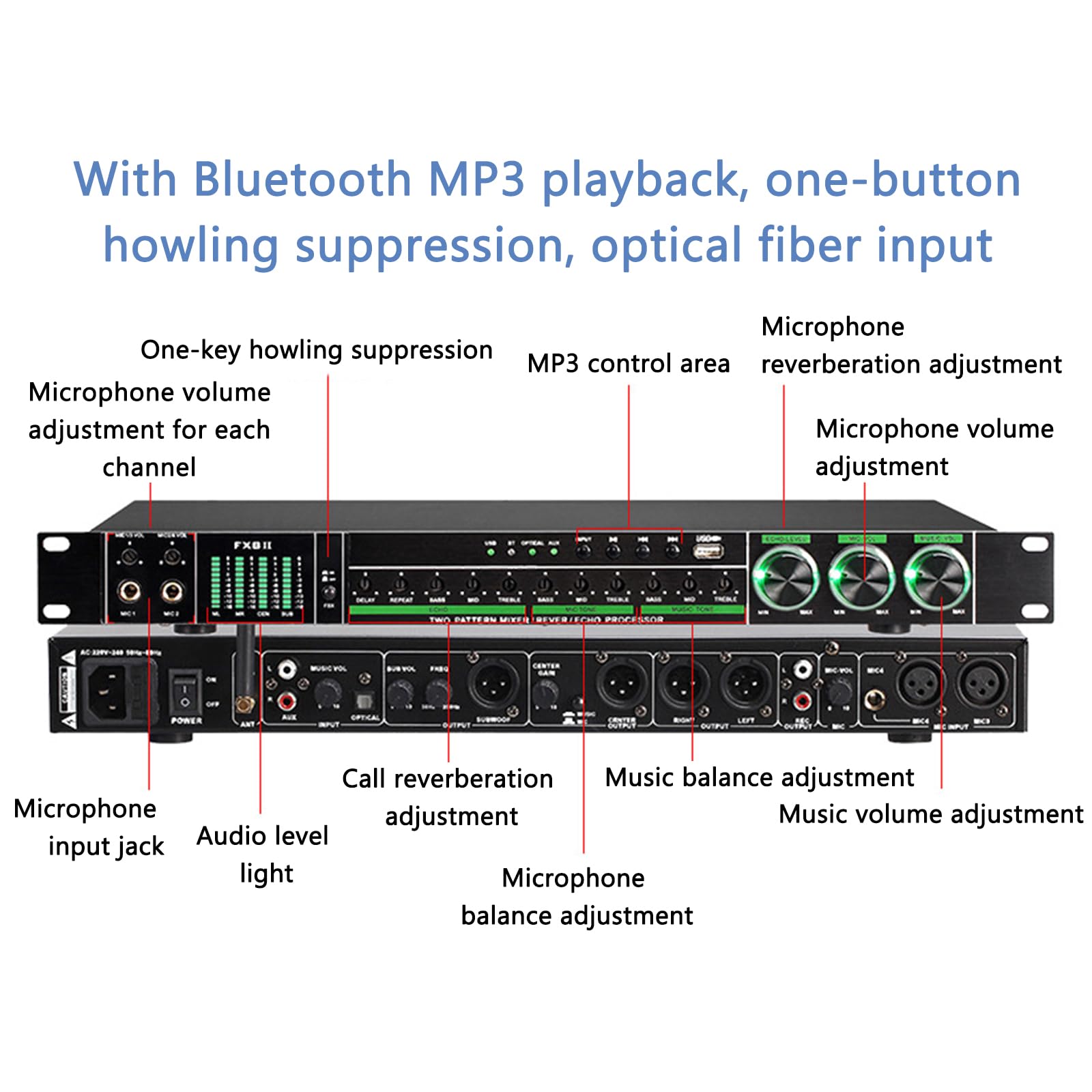 GZPKJ Processeur D'effets Vocaux, Processeur Audio Anti-hurlement Professionnel, Méthodes De Transmission Audio Multiples, Affichage LED, pour Réverbérateur Domestique, Karaoké, Scène, Église