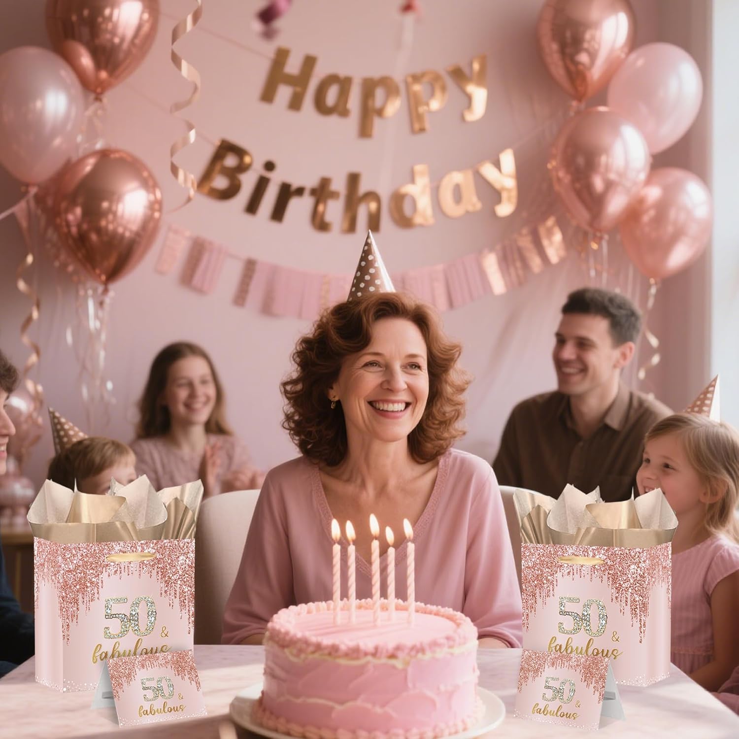 SolarGlory Rose Gold 50th Birthday Gift Bag Large 50 & Fabulous Gift Bag with Card and Tissue Papers for Women 50 years old Birthday Wrapping Paper for Fifty years old Bday Party Decorations - Image 6