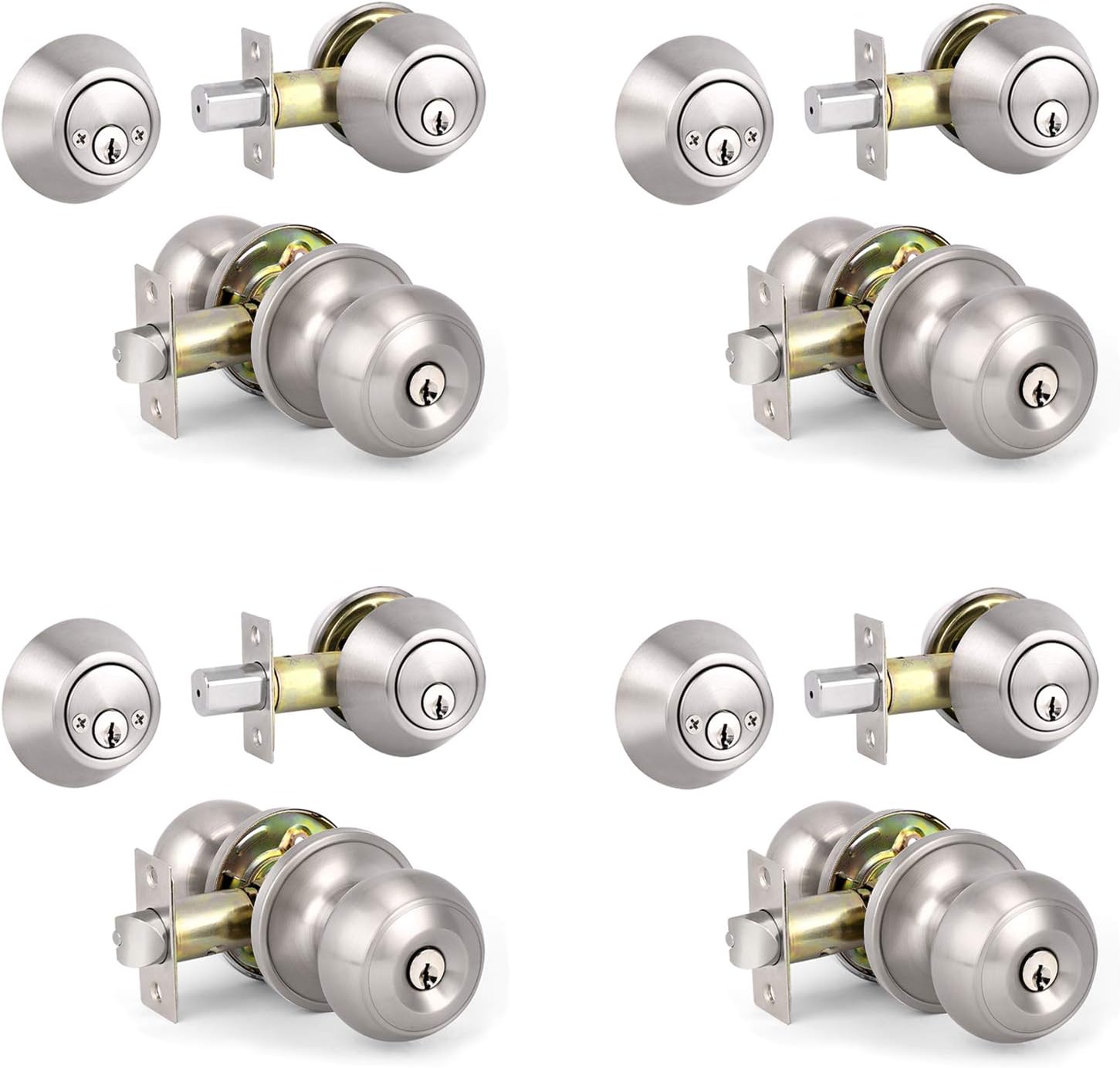 Knobonly 4 Sets Entry Door Knobs Keyed Alike with Deadbolts Keyed on