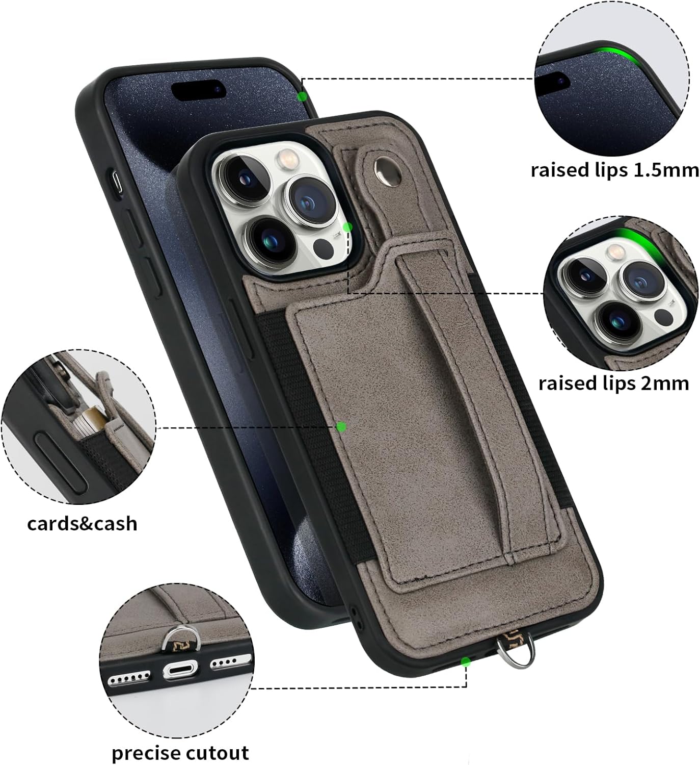 TOOVREN Phone Cover for iPhone 15 Pro Wallet Case with Card Holder Stand Neck Strap PU Leather Cover Fits iPhone 15 Pro Case with Wallet Lanyard Kickstand Detachable for Women Men 6.1 inch Gray - Image 2