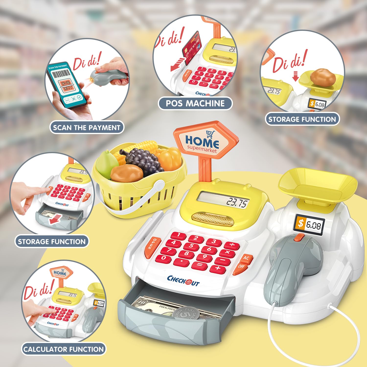 36 sztuk kasy dla dzieci, do odgrywania ról, supermarket, zabawka sklep handlowy, akcesoria, kasa fiskalna z pieniędzmi, żywnością, karta kredytowa, prezent dla dzieci od 3 lat (żółte)