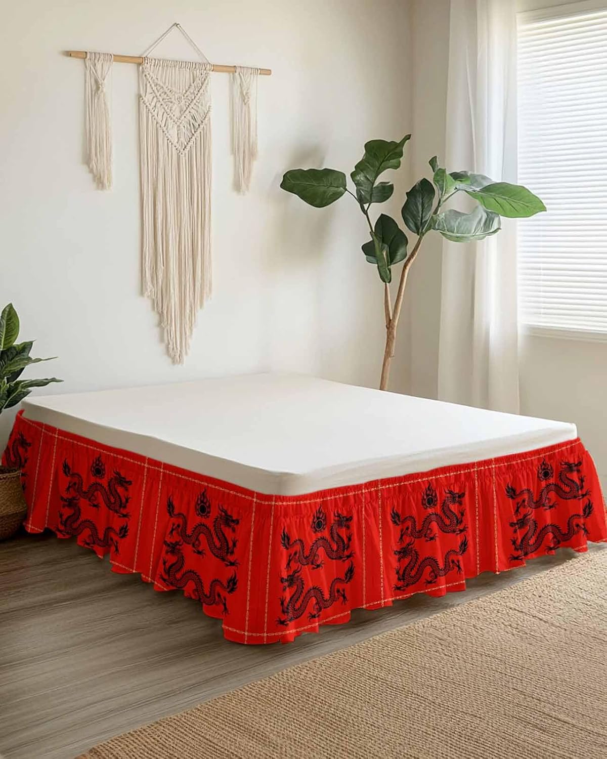Traditional Dragon Bed Skirt King Size 18 Inch Drop, Adjustable Elastic Wrap Around Bed Skirts Pleated Bed Ruffles Bedskirt Valance for Bedroom Hotel Oriental Chinese Red Gold Black