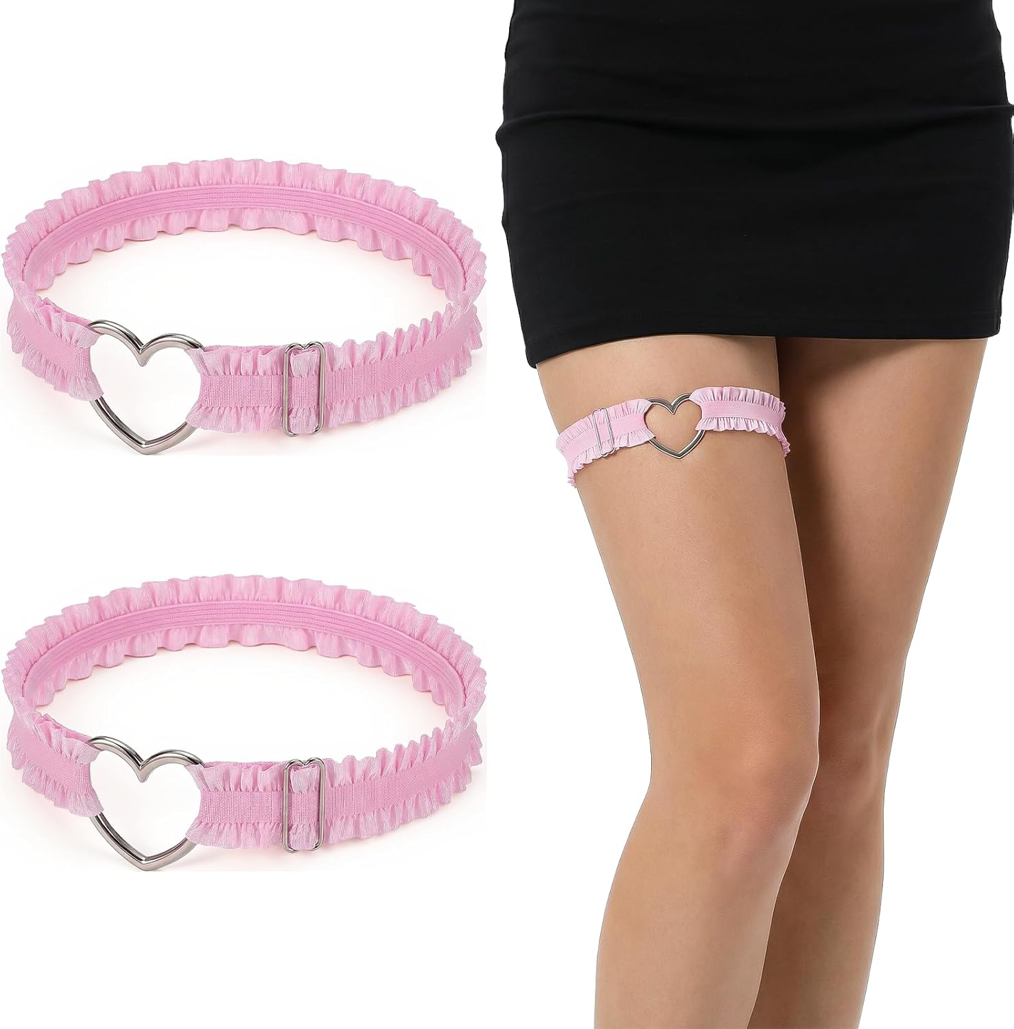 2Pcs Pink Heart Thigh Garter, Adjustable Heart Shaped Elastic Leg Garters for Women, Exquisite Wedding Bride Gothic Accessories for Parties Weddings Cosplay